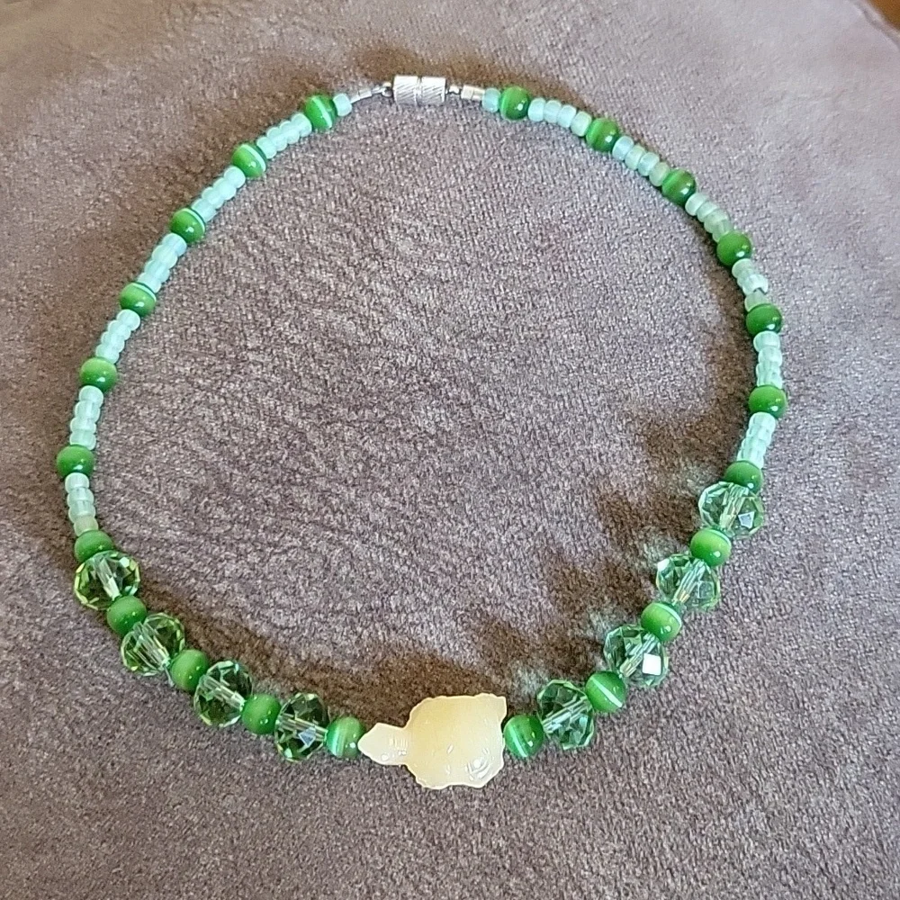 3/$30 HANDMADE Lime Fiber Optic Beaded Turtle Fetish Mermaidcore Necklace - Picture 2 of 8